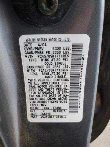 JN8DR09YX4W919219 - 2004 NISSAN PATHFINDER LE GRAY photo 13