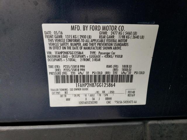 1FAHP2H87GG125864 - 2016 FORD TAURUS SEL BLUE photo 12