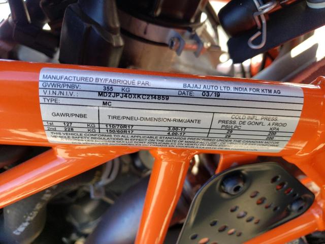 MD2JPJ40XKC214859 - 2019 KTM 390 DUKE ORANGE photo 10