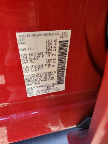 1N6AA1EC6NN106292 - 2022 NISSAN TITAN S RED photo 12