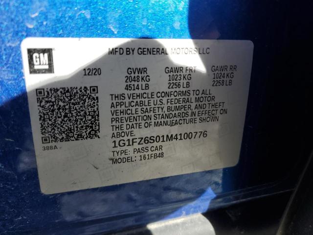 1G1FZ6S01M4100776 - 2021 CHEVROLET BOLT EV PREMIER BLUE photo 12