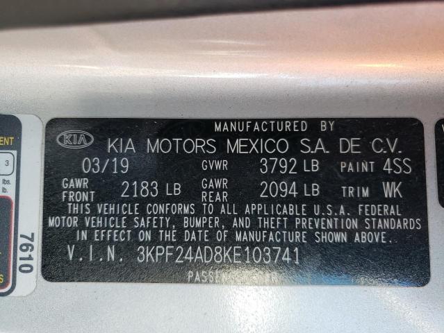 3KPF24AD8KE103741 - 2019 KIA FORTE FE SILVER photo 13