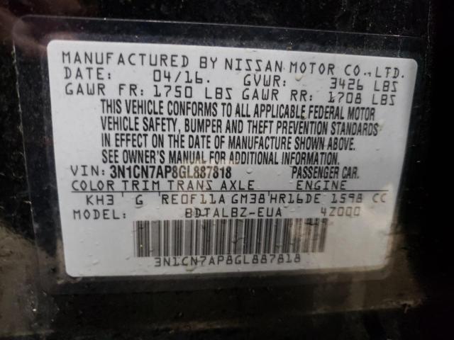 3N1CN7AP8GL887818 - 2016 NISSAN VERSA S BLACK photo 12