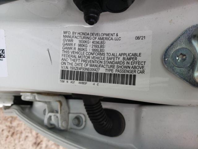 19XZE4F93NE006427 - 2022 HONDA INSIGHT TOURING WHITE photo 12