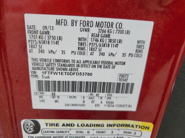 1FTFW1ET0DFD53780 - 2013 FORD F150 SUPERCREW RED photo 12