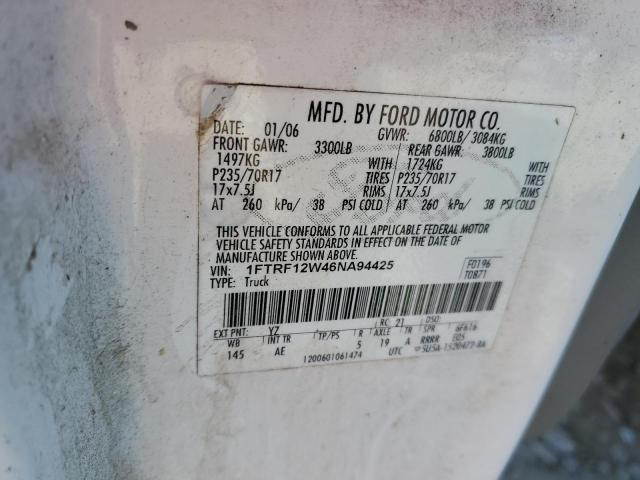 1FTRF12W46NA94425 - 2006 FORD F150 WHITE photo 12