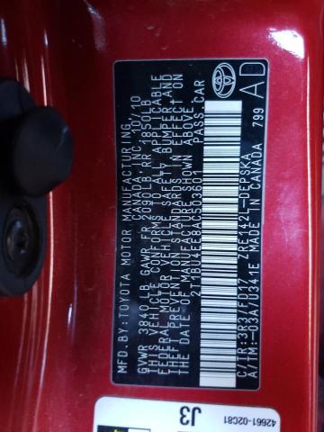 2T1BU4EE8AC503601 - 2010 TOYOTA COROLLA BASE RED photo 12