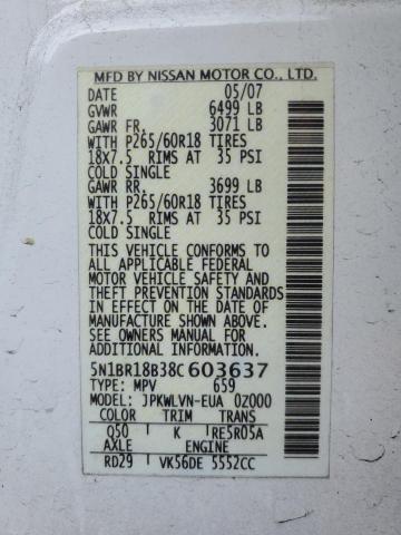 5N1BR18B38C603637 - 2008 NISSAN PATHFINDER LE 白色 照片 13