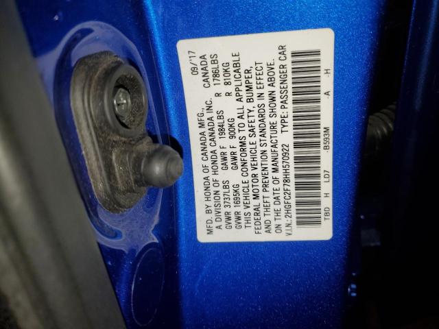 2HGFC2F78HH570922 - 2017 HONDA CIVIC EX BLUE photo 12