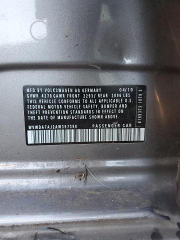 WVWDA7AJ2AW397398 - 2010 VOLKSWAGEN GOLF GRAY photo 12