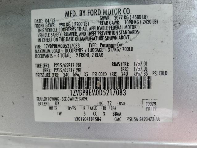 1ZVBP8EM0D5217083 - 2013 FORD MUSTANG SILVER photo 12