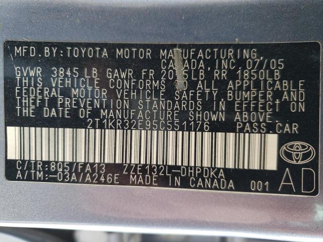 2T1KR32E95C551176 - 2005 TOYOTA COROLLA MA XR SILVER photo 12