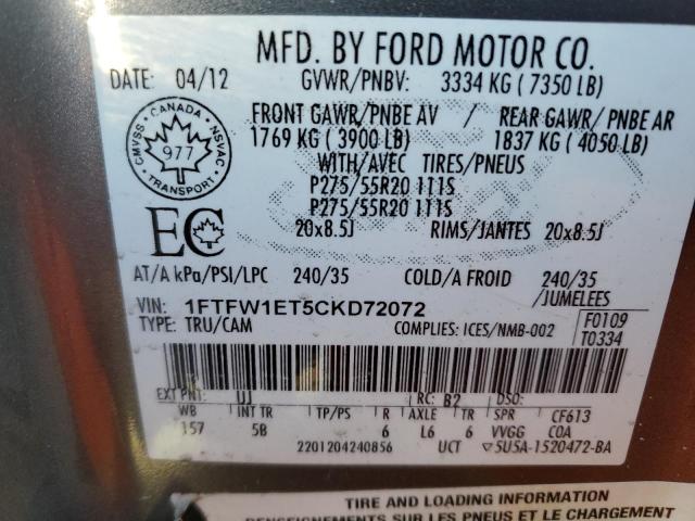1FTFW1ET5CKD72072 - 2012 FORD F150 SUPERCREW GRAY photo 12