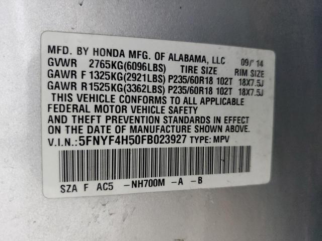 5FNYF4H50FB023927 - 2015 HONDA PILOT EXL SILVER photo 13