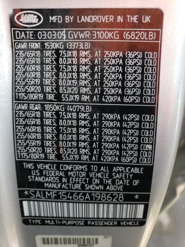 SALMF15466A198628 - 2006 LAND ROVER RANGE ROVE HSE SILVER photo 12