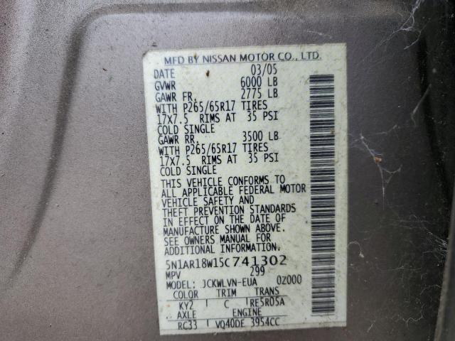 5N1AR18W15C741302 - 2005 NISSAN PATHFINDER LE 棕色 照片 10