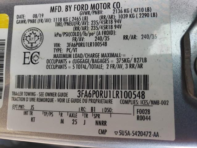 3FA6P0RU1LR100548 - 2020 FORD FUSION TITANIUM SILVER photo 12