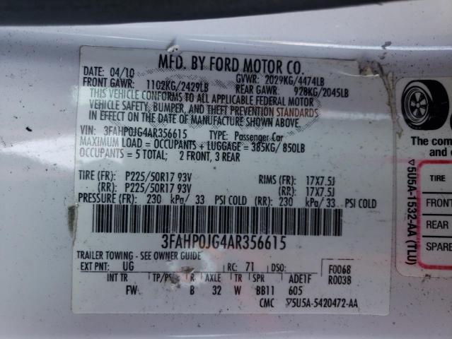 3FAHP0JG4AR356615 - 2010 FORD FUSION SEL WHITE photo 13