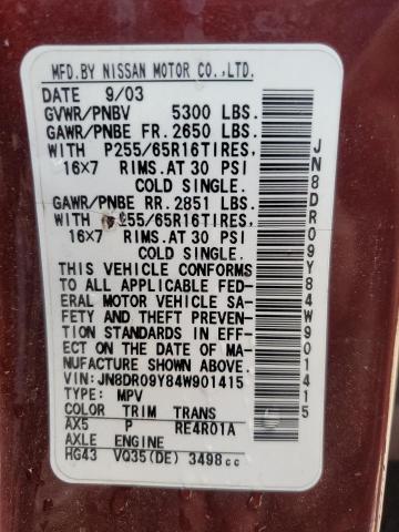 JN8DR09Y84W901415 - 2004 NISSAN PATHFINDER LE ბურგუნდია ფოტო 14
