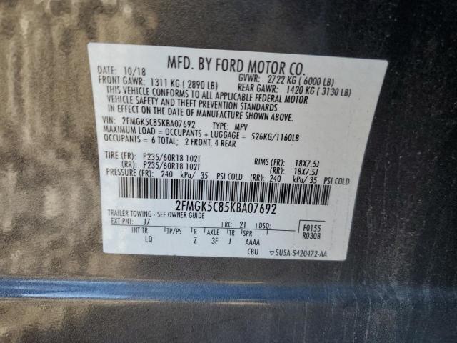 2FMGK5C85KBA07692 - 2019 FORD FLEX SEL GRAY photo 13