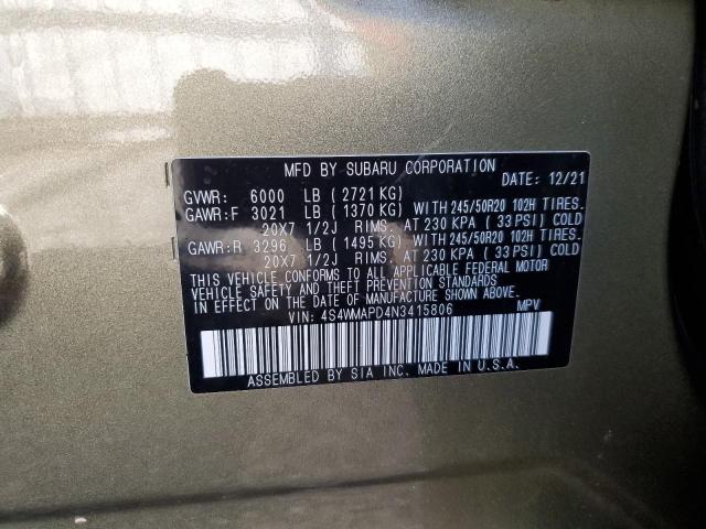 4S4WMAPD4N3415806 - 2022 SUBARU ASCENT LIMITED GREEN photo 13
