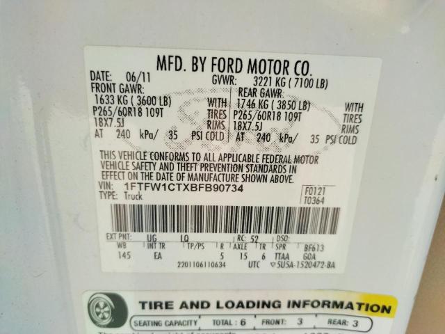 1FTFW1CTXBFB90734 - 2011 FORD F150 SUPER WHITE photo 12