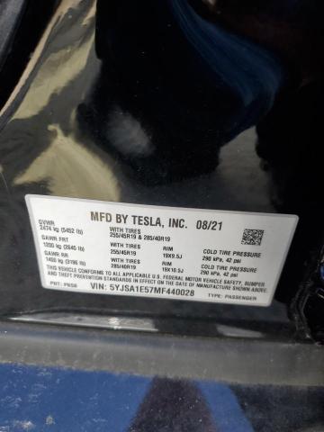5YJSA1E57MF440028 - 2021 TESLA MODEL S შავი ფოტო 12