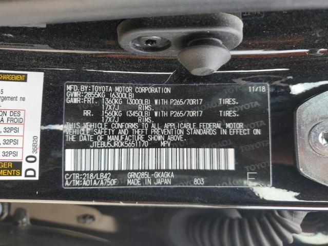 JTEBU5JR0K5651170 - 2019 TOYOTA 4RUNNER SR5 BLACK photo 14