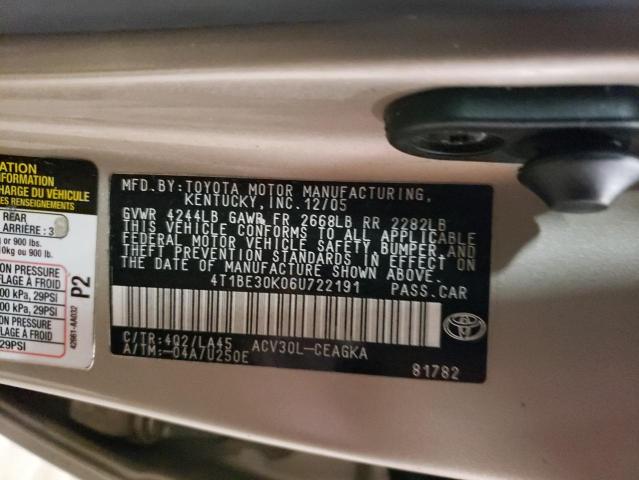 4T1BE30K06U722191 - 2006 TOYOTA CAMRY LE TAN photo 12