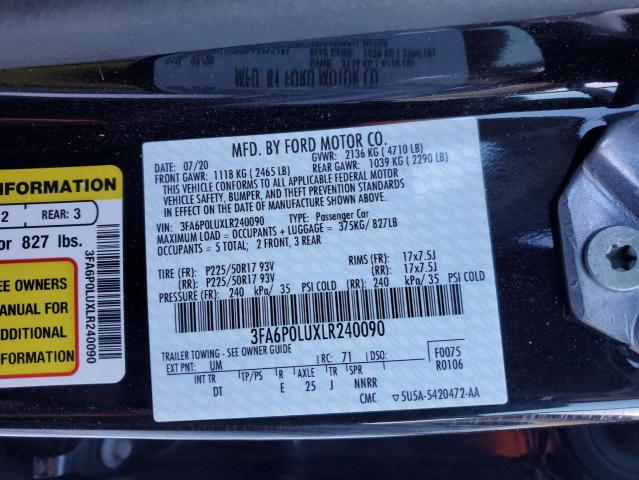 3FA6P0LUXLR240090 - 2020 FORD FUSION SE BLACK photo 13