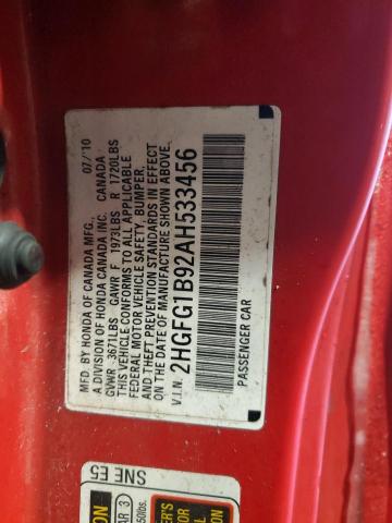 2HGFG1B92AH533456 - 2010 HONDA CIVIC EXL 红色 照片 12