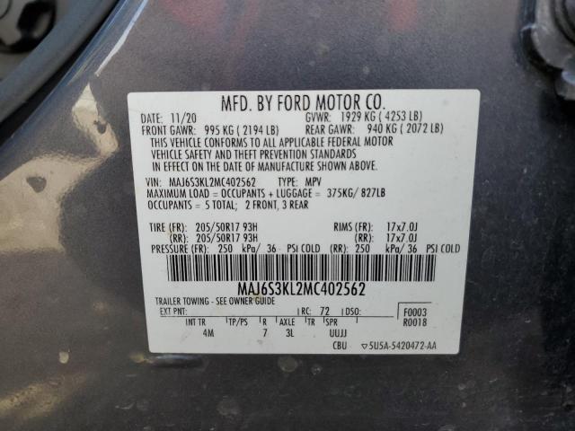 MAJ6S3KL2MC402562 - 2021 FORD ECOSPORT TITANIUM GRAY photo 12