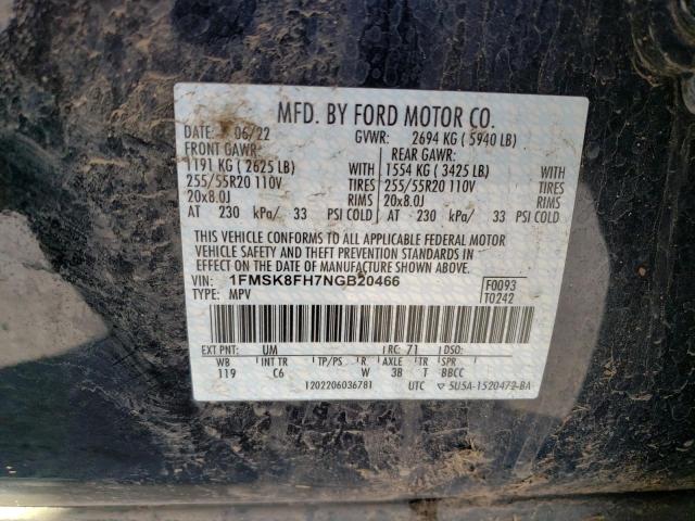 1FMSK8FH7NGB20466 - 2022 FORD EXPLORER LIMITED BLACK photo 14