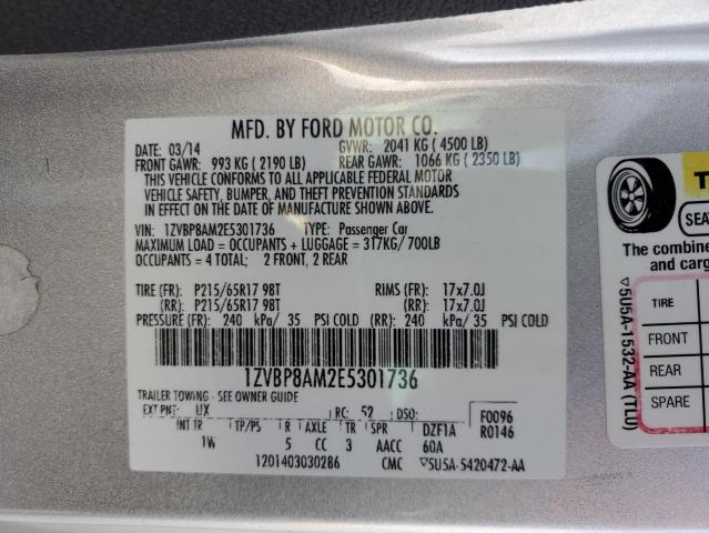 1ZVBP8AM2E5301736 - 2014 FORD MUSTANG SILVER photo 12