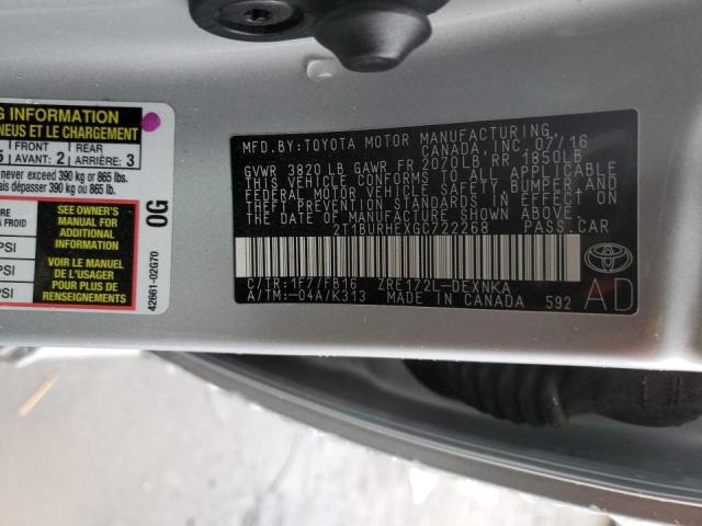 2T1BURHEXGC722268 - 2016 TOYOTA COROLLA L SILVER photo 12