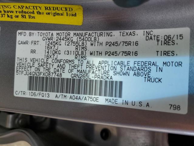 5TFJU4GN3FX087748 - 2015 TOYOTA TACOMA DOUBLE CAB PRERUNNER GRAY photo 12