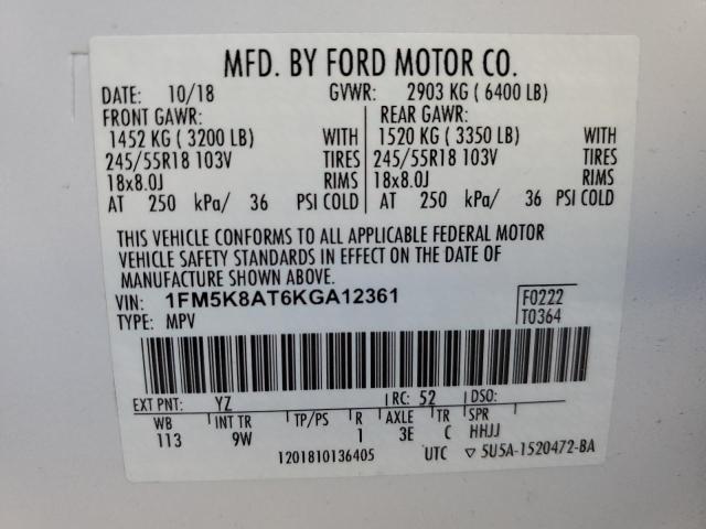 1FM5K8AT6KGA12361 - 2019 FORD EXPLORER POLICE INTERCEPTOR თეთრი ფოტო 13