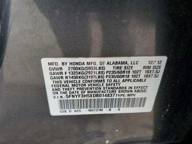 5FNYF3H5XDB014837 - 2013 HONDA PILOT EXL GRAY photo 13