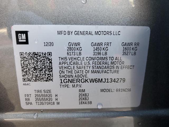 1GNERGKW6MJ134279 - 2021 CHEVROLET TRAVERSE LT GRAY photo 12