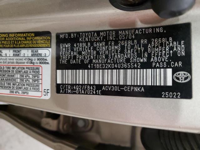 4T1BE32K04U365542 - 2004 TOYOTA CAMRY LE TAN photo 12