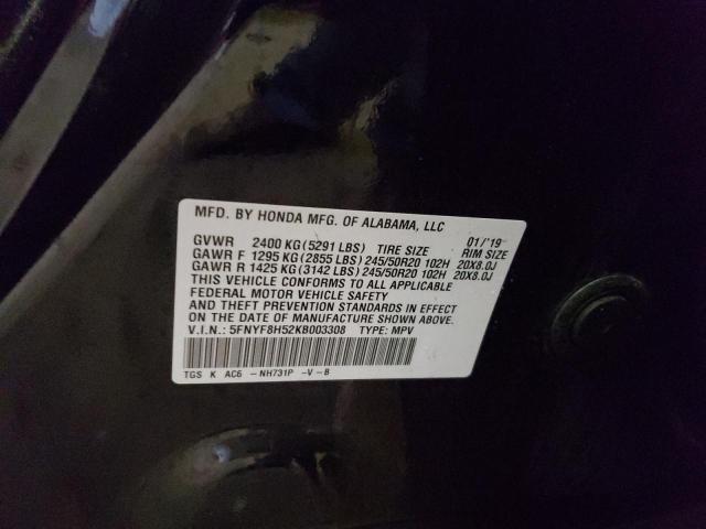 5FNYF8H52KB003308 - 2019 HONDA PASSPORT EXL BLACK photo 12