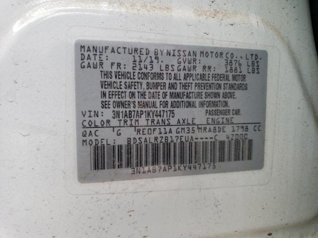 3N1AB7AP1KY447175 - 2019 NISSAN SENTRA S WHITE photo 12