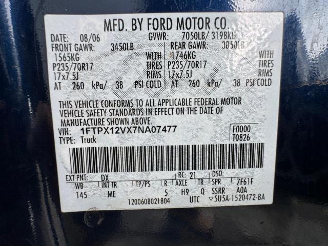 1FTPX12VX7NA07477 - 2007 FORD F150 BLUE photo 12