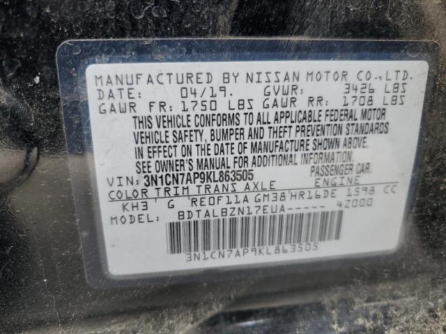 3N1CN7AP9KL863505 - 2019 NISSAN VERSA S BLACK photo 13