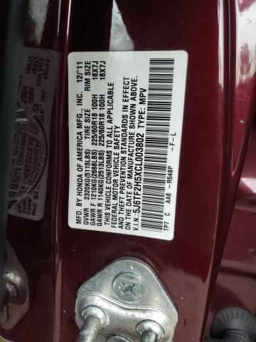 5J6TF2H5XCL003802 - 2012 HONDA CROSSTOUR EXL ბურგუნდია ფოტო 12