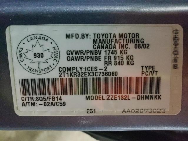 2T1KR32EX3C736060 - 2003 TOYOTA COROLLA MA XR BLUE photo 13