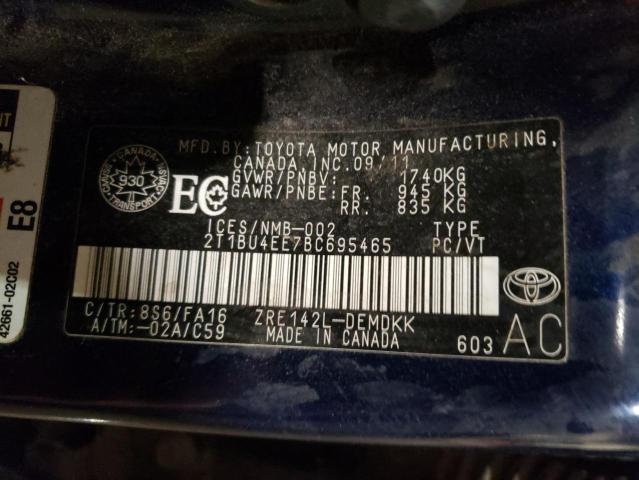 2T1BU4EE7BC695465 - 2011 TOYOTA CARROLLA BASE BLUE photo 12