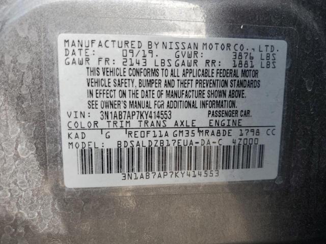 3N1AB7AP7KY414553 - 2019 NISSAN SENTRA S GRAY photo 12