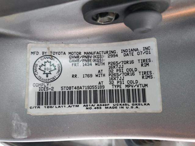 5TDBT48A71S055189 - 2001 TOYOTA SEQUOIA LIMITED SILVER photo 13