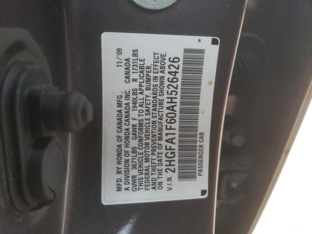 2HGFA1F60AH526426 - 2010 HONDA CIVIC LX-S GRAY photo 12